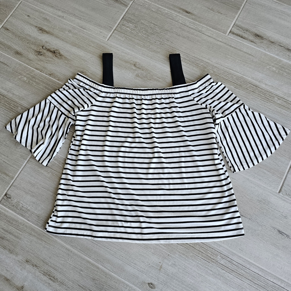 Lane Bryant Boho Black and White Striped Off Shoulder Blouse 3/4 Sleeves Sz 14